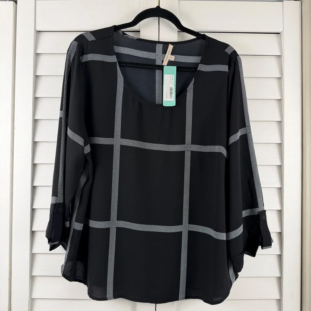 41 Hawthorn Bixby Scoop Neck Blouse Women XL Black Windowpane Plaid NEW - Picture 15 of 15